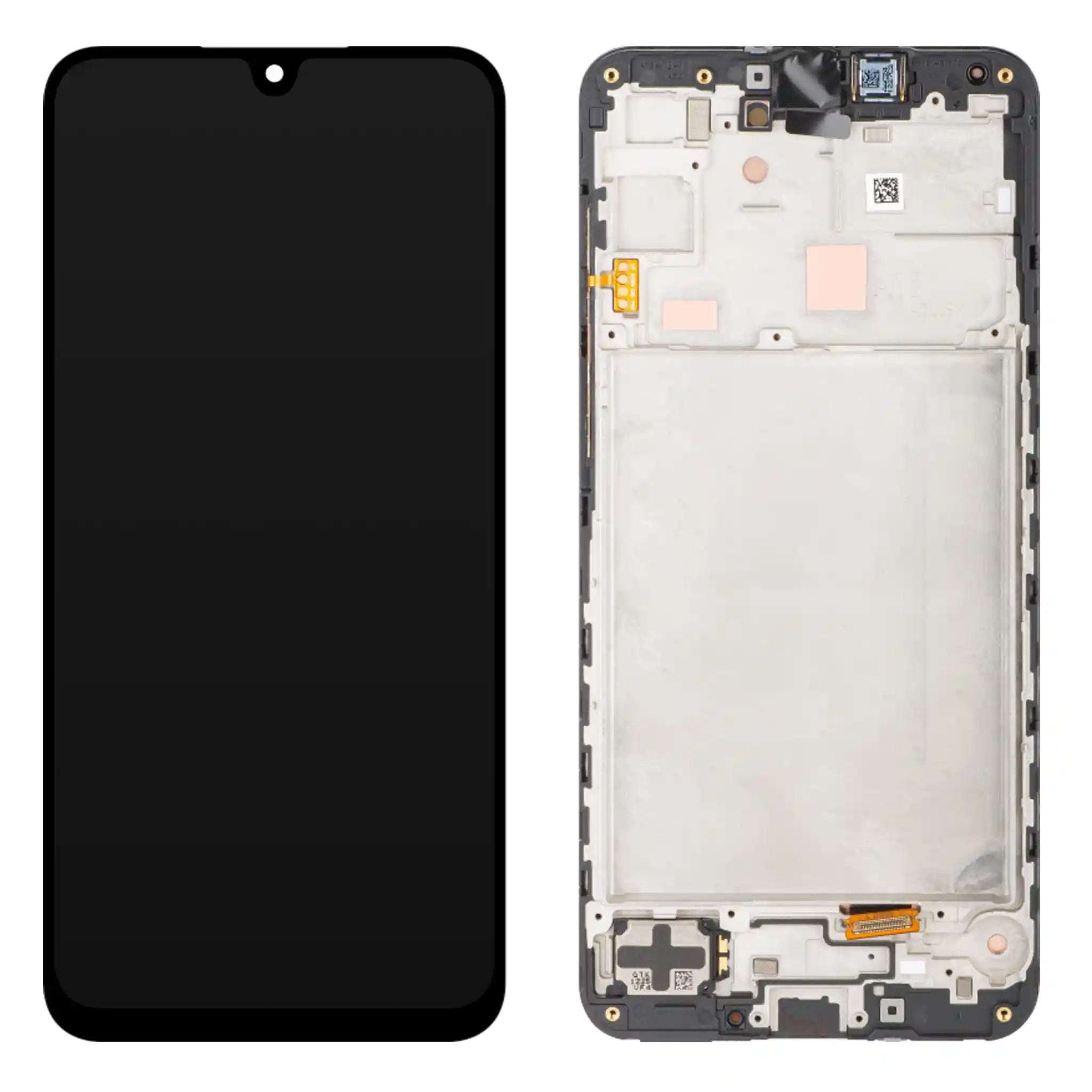 Original Samsung Galaxy A16 5G Ersatzdisplay in Schwarz mit vormontiertem Rahmen, Super AMOLED Service Pack Qualität, Front- und Rückansicht.