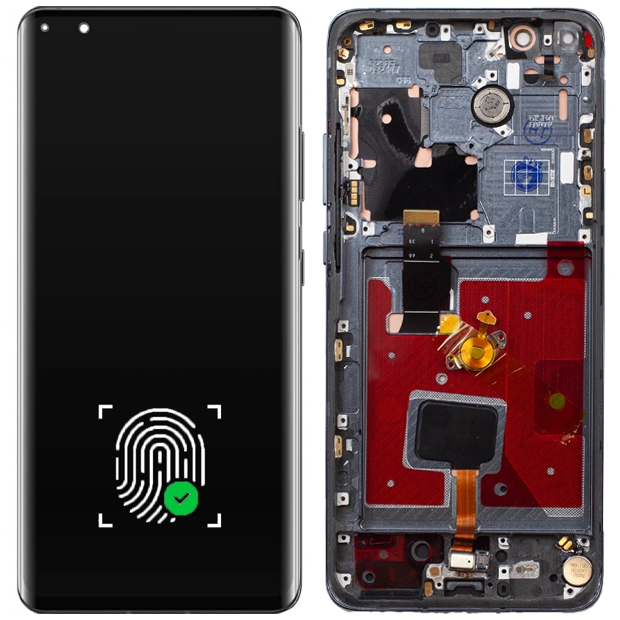 Ersatz-Display für Huawei P40 Pro Plus mit vormontiertem Rahmen, OLED-Panel, Ceramic Black/White Design, Frontansicht des Bildschirms mit Aussparung für die Dual-Frontkamera.