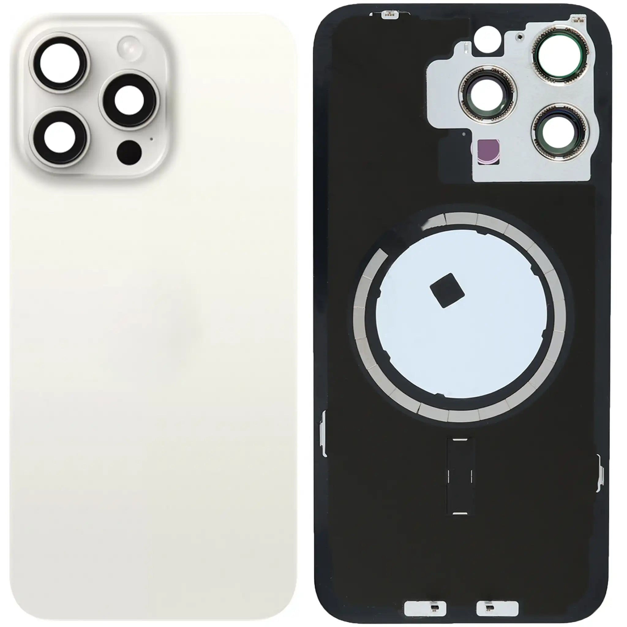 iPhone 15 Pro Akkudeckel mit Rahmen und MagSafe Ring, Titan Weiß