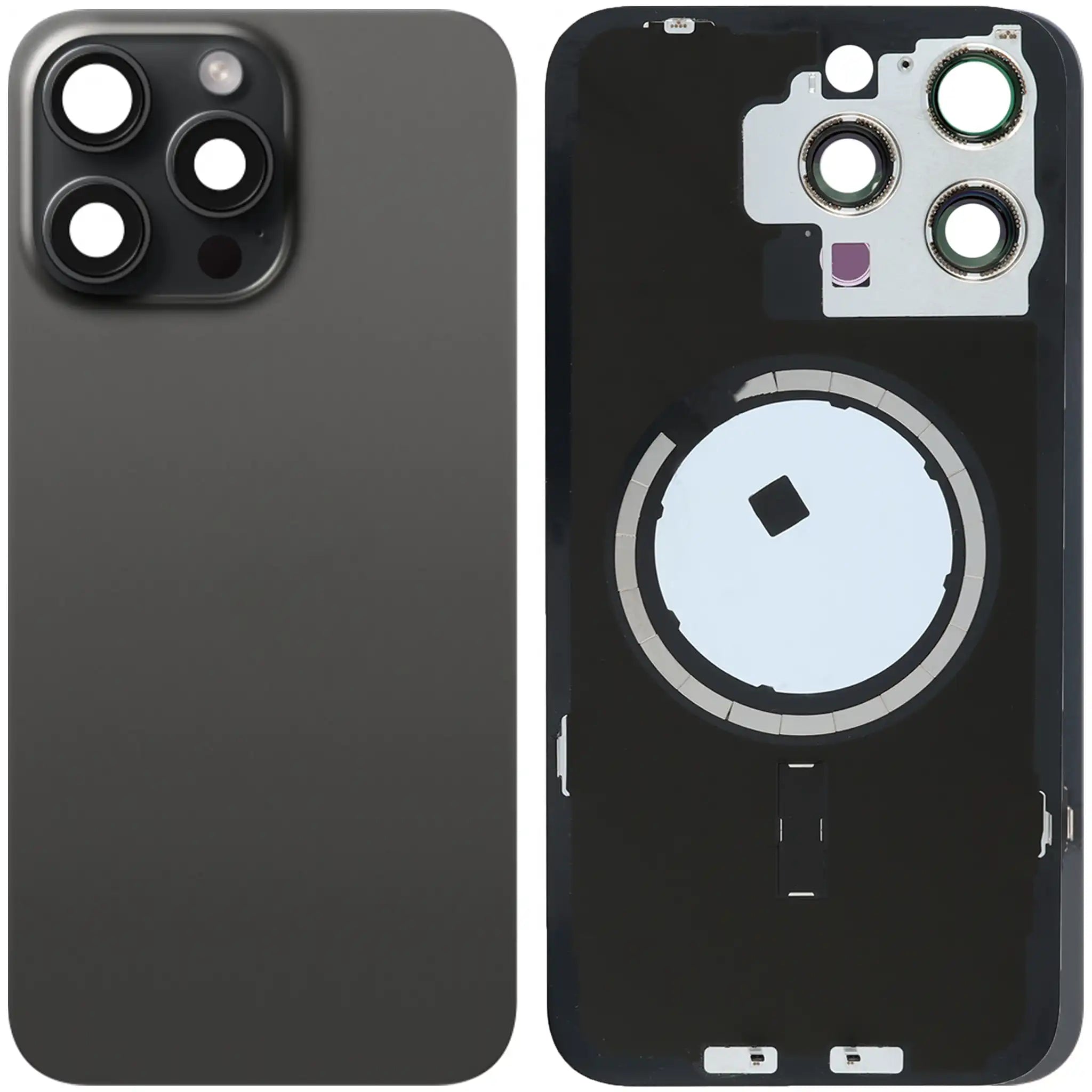 iPhone 15 Pro Akkudeckel mit Rahmen und MagSafe Ring – Titan Schwarz