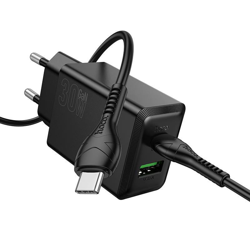 Hoco N71 Netzteil 30W, 3A, USB-A & USB-C – inkl. USB-C Kabel, Schwarz