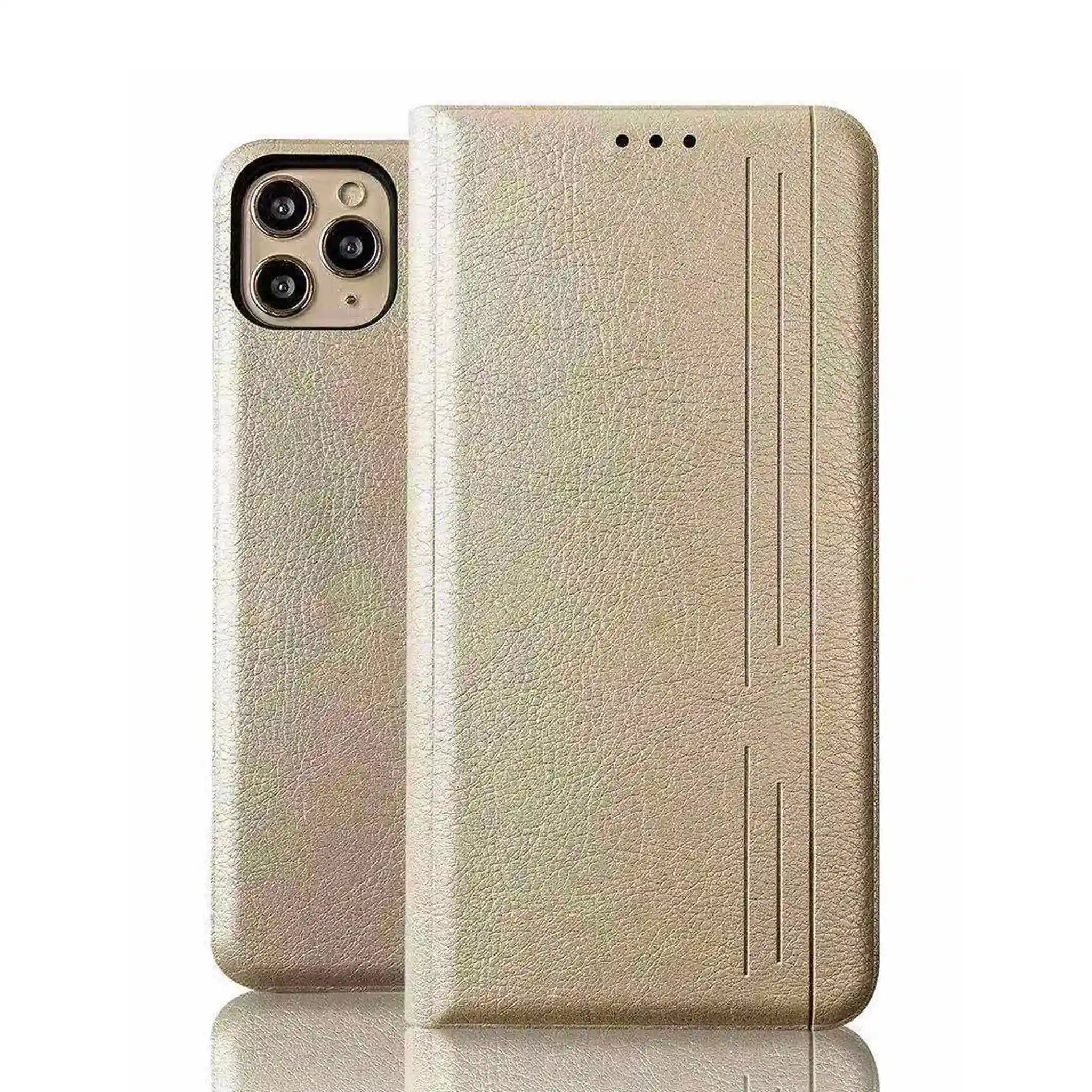 Moon Flip Tasche für Smartphone, Schutzhülle mit Standfunktion und Kartenfach in Gold.