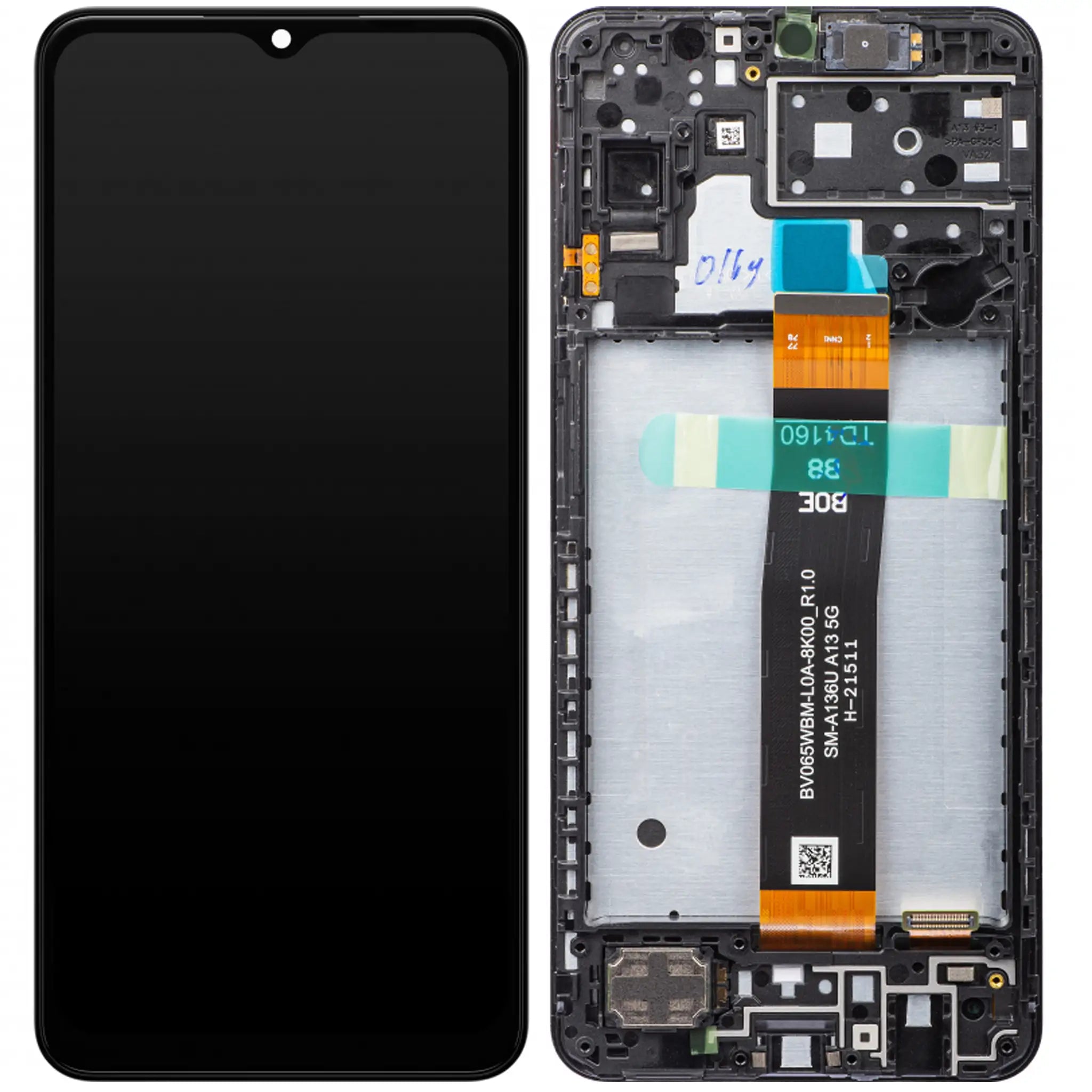 Ersatz-Display mit schwarzem Mittelrahmen für Samsung Galaxy A13 5G (Modell SM-A136B), OEM LCD Frontmodul mit präzisen Aussparungen für Kamera und Sensoren auf weißem Hintergrund.