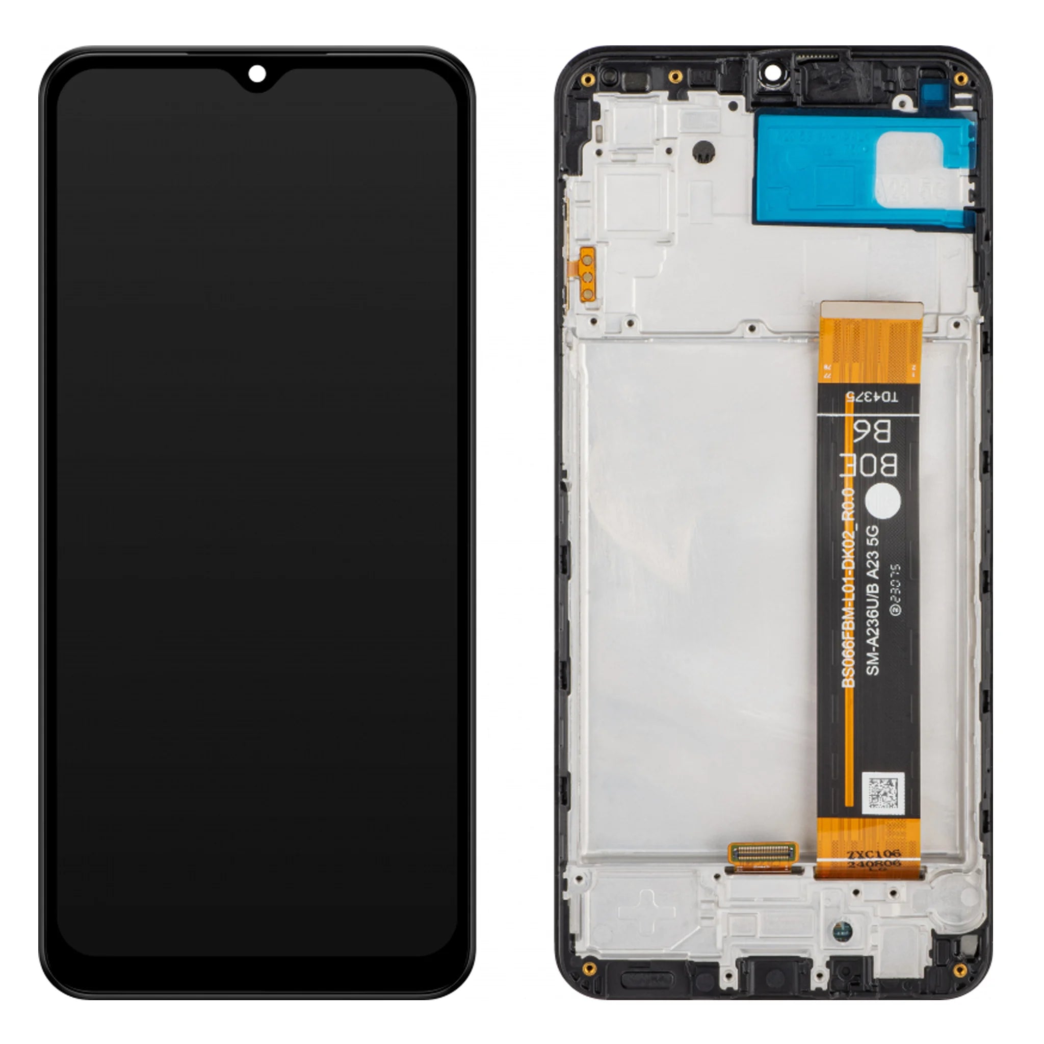 Samsung Galaxy A23 5G (SM-A236) OEM Display in Schwarz mit vormontiertem Rahmen.