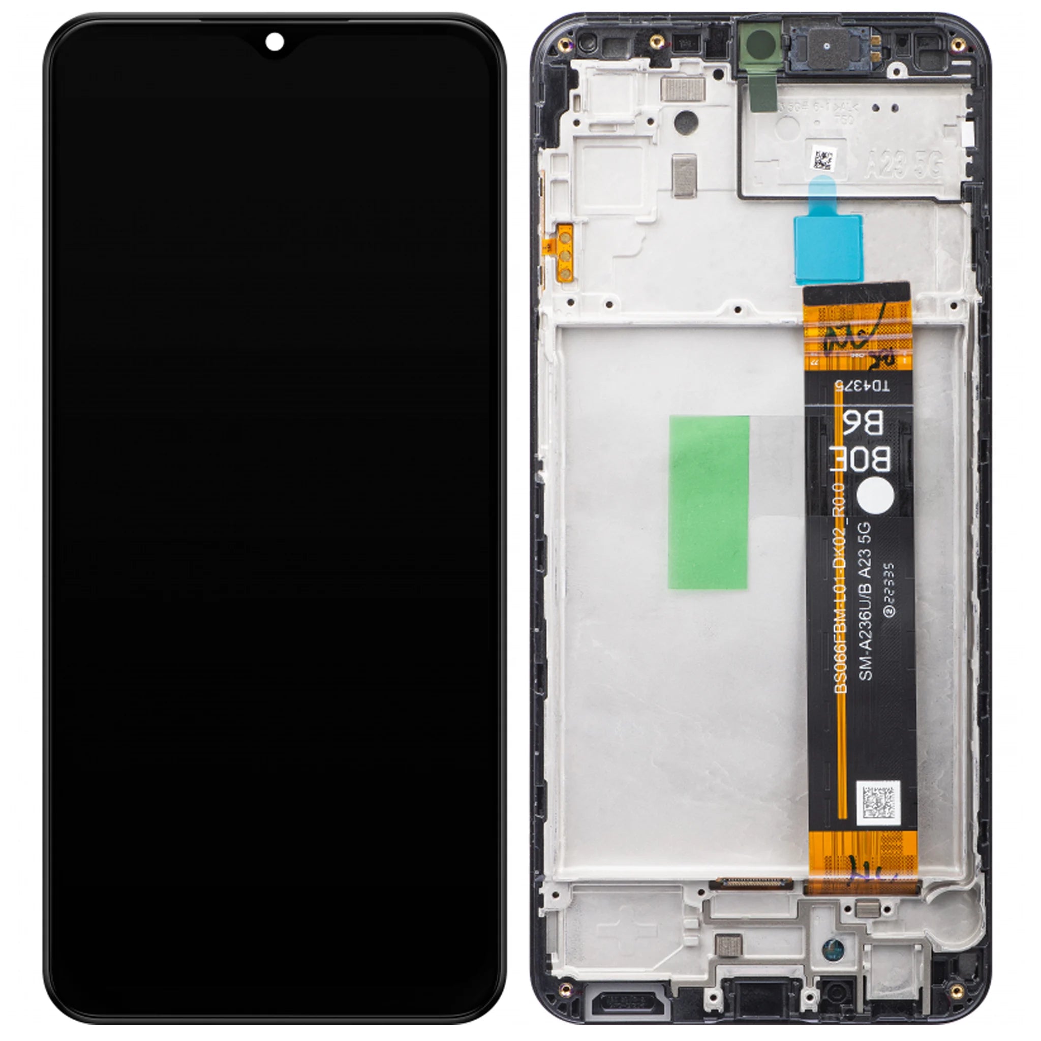Original Samsung Galaxy A23 5G (SM-A236) Service Pack Display in Schwarz mit vormontiertem Rahmen.