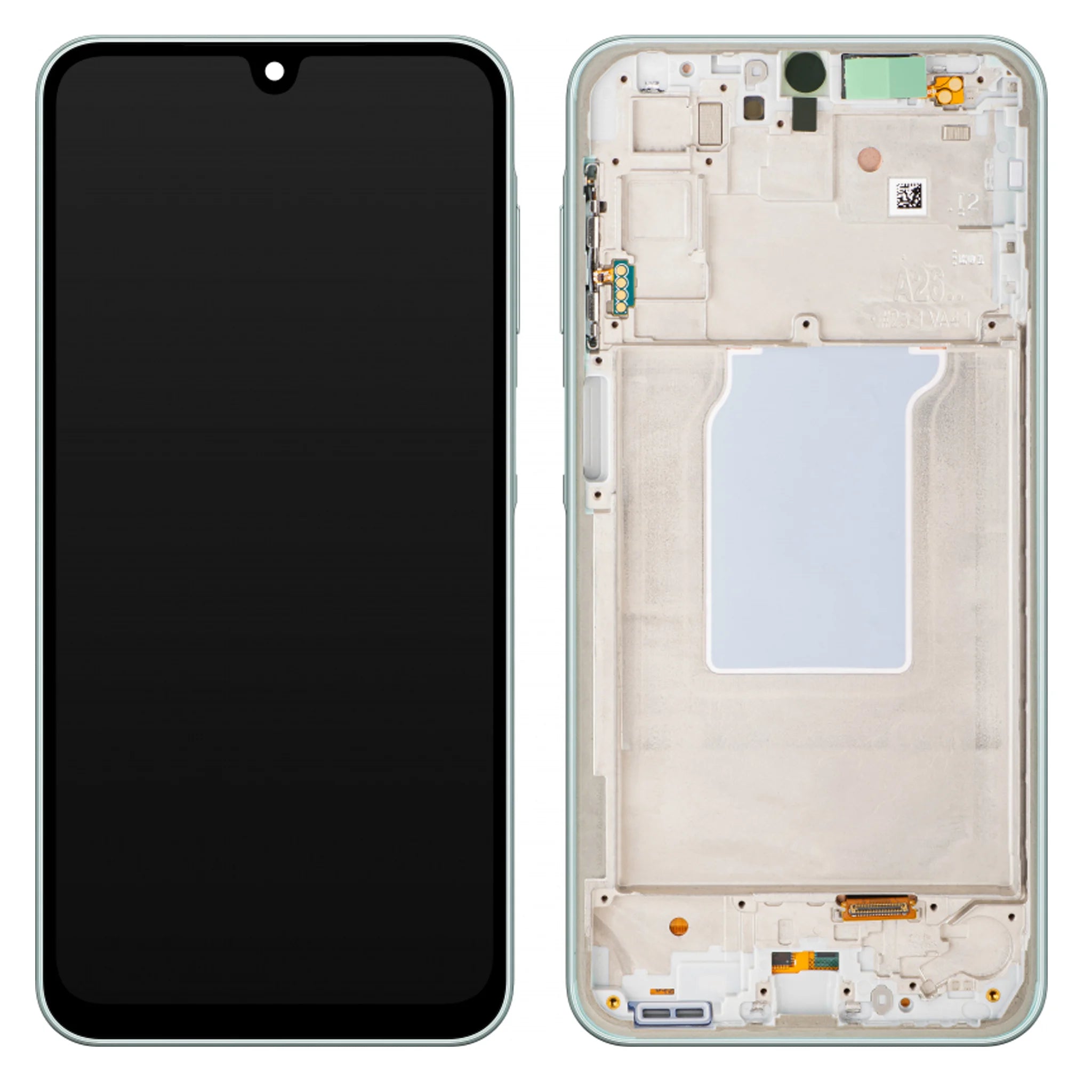 Original Samsung Galaxy A25 5G (SM-A256B) Service Pack Display in Lime Green mit vormontiertem Rahmen.