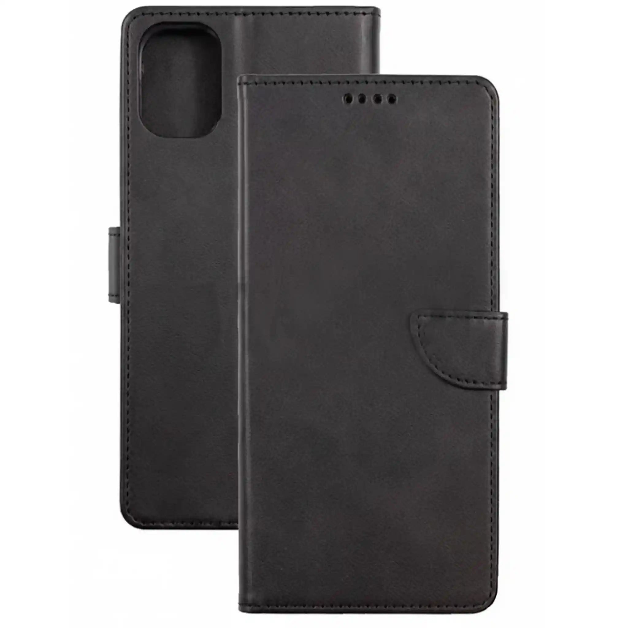 Schwarze Klapphülle aus Kunstleder für Samsung Galaxy A25, Vorder- und Rückseite mit Kamera-Aussparung und Magnetverschluss.