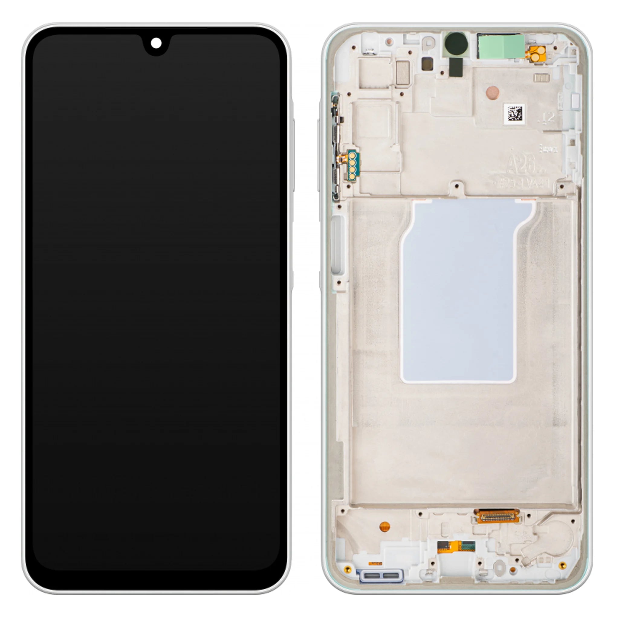 Original Samsung Galaxy A26 5G (SM-A266) Service Pack Display in Weiß mit vormontiertem Rahmen.