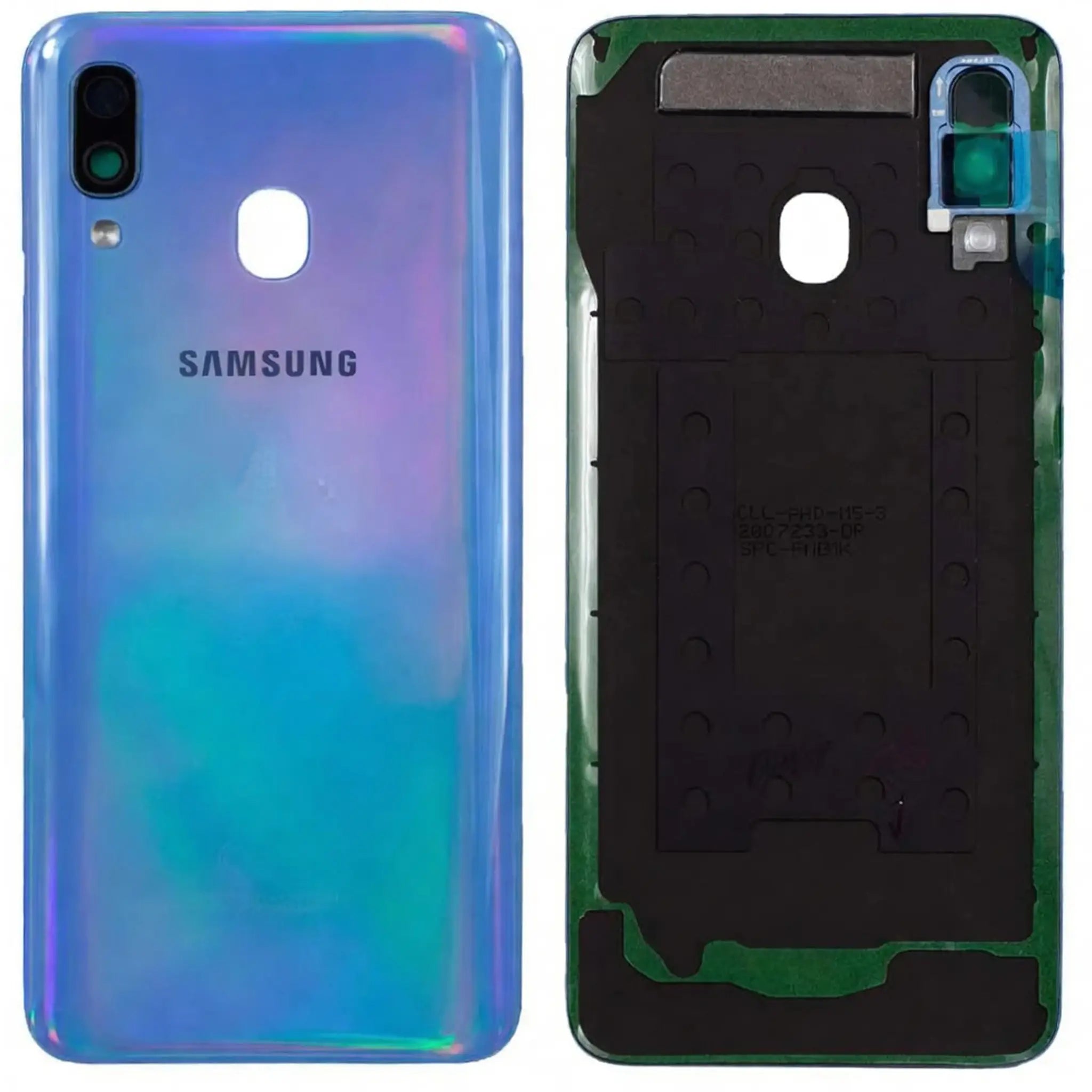 Original Samsung Galaxy A40 (A405F) Akkudeckel in Blue (Service Pack) mit Kameralinse und Klebefolie.