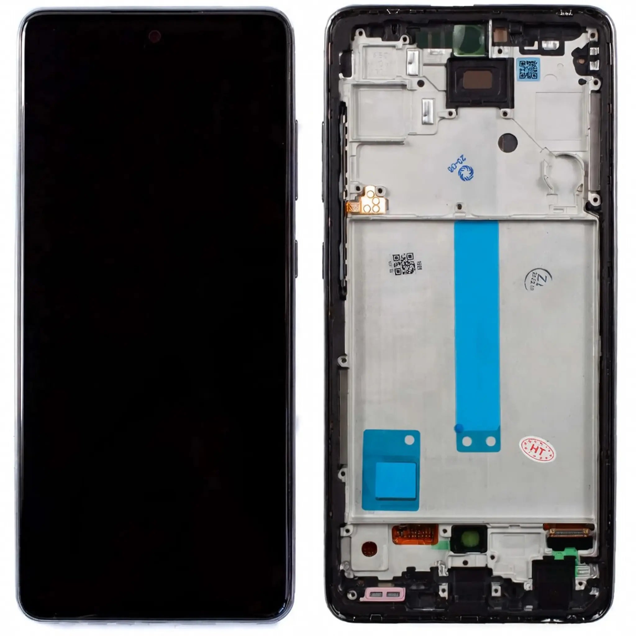 Ersatz-Display mit Rahmen für Samsung Galaxy A52 (A525F) und A52s 5G (A528B) in Schwarz – Soft OLED mit Fingerprint-Unterstützung.
