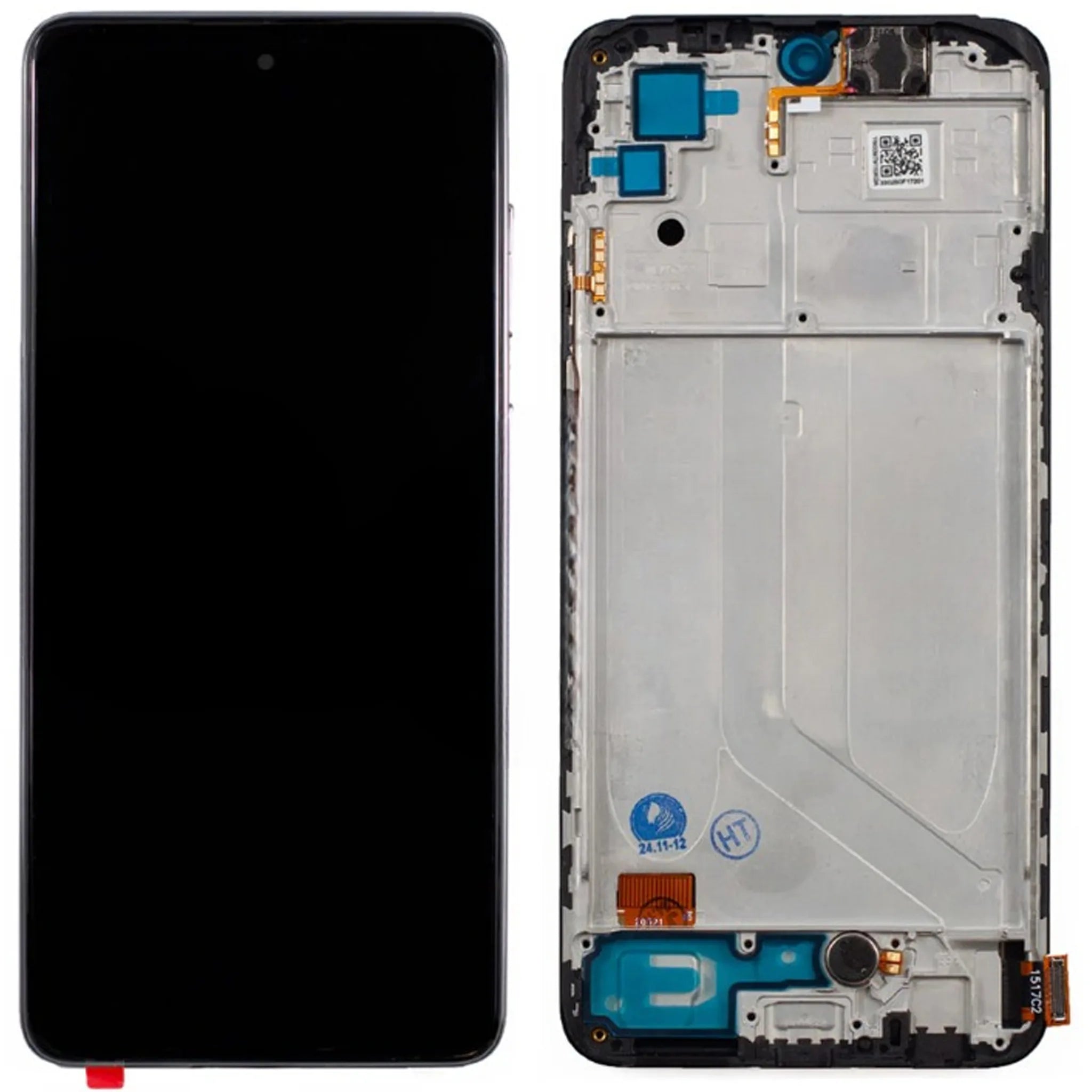 Hochwertiges OLED Ersatz-Display mit Rahmen für Xiaomi Note 10s (2021) in Schwarz, Vorder- und Rückansicht.
