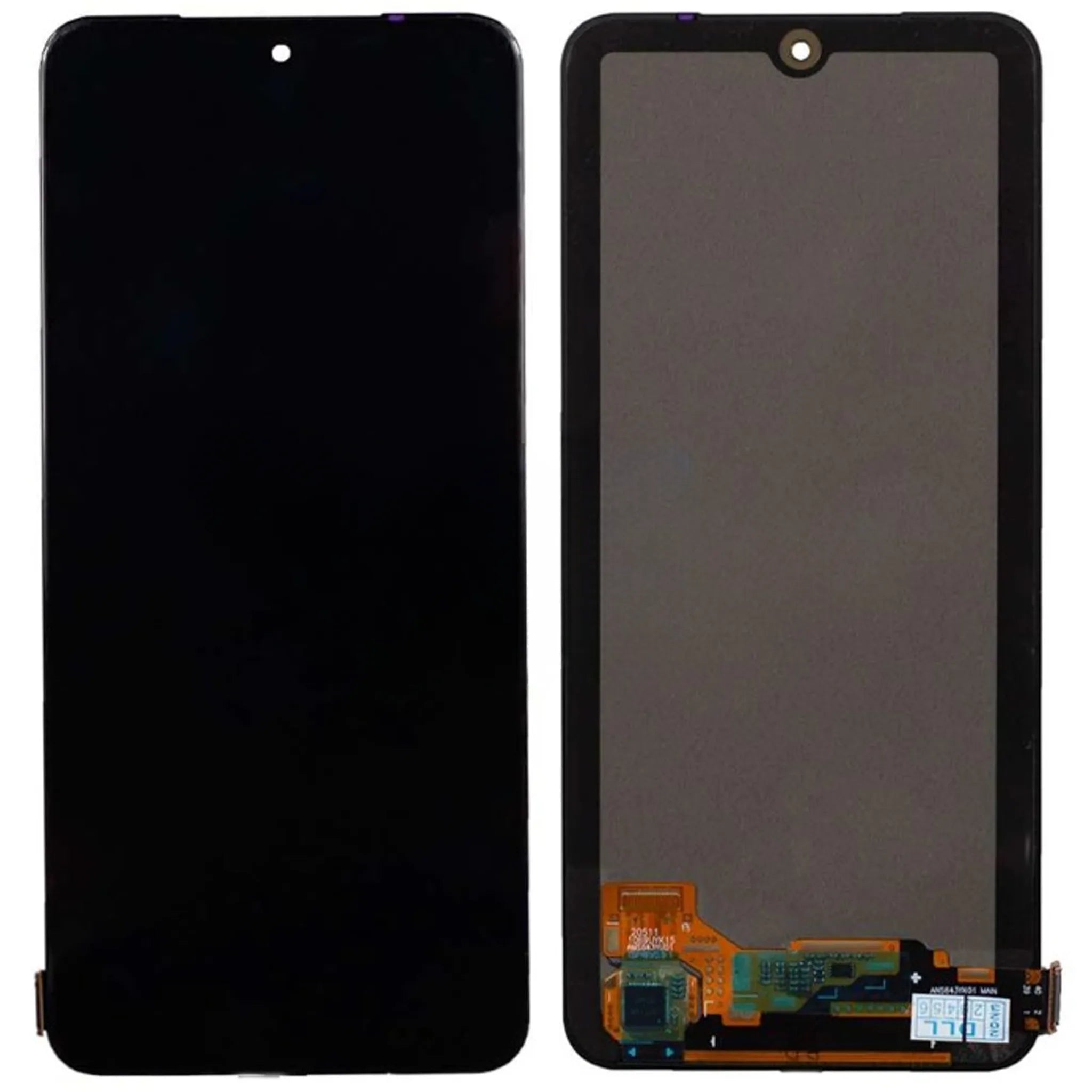 OEM Ersatz-Display ohne Rahmen für Xiaomi Redmi Note 10 4G, Note 10s und Poco M5s in Schwarz, Vorder- und Rückansicht.
