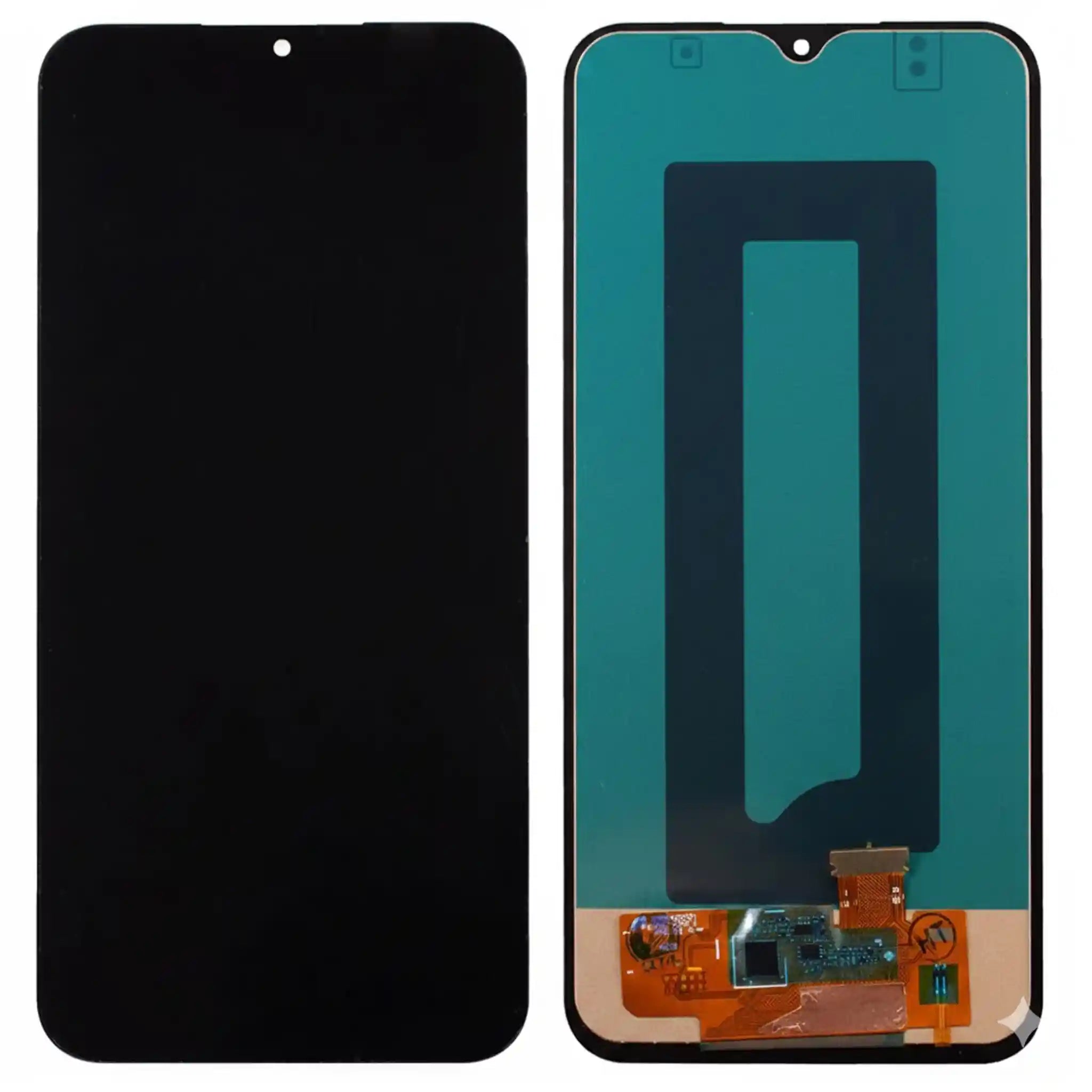 Ersatz-Display für Samsung Galaxy A15 (Incell-Technologie) ohne Rahmen in Schwarz, Front- und Rückansicht der Displayeinheit mit Flexkabel.