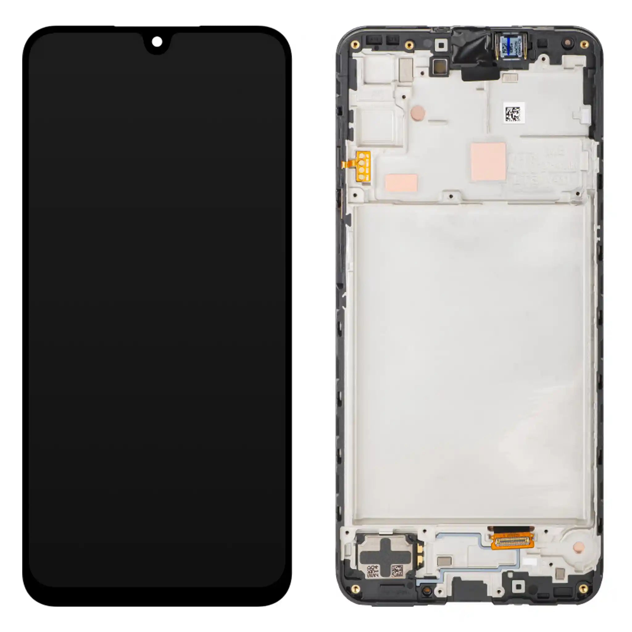 Original Samsung Galaxy A16 Ersatzdisplay in Schwarz mit vormontiertem Rahmen, Super AMOLED Service Pack Qualität, Front- und Rückansicht.