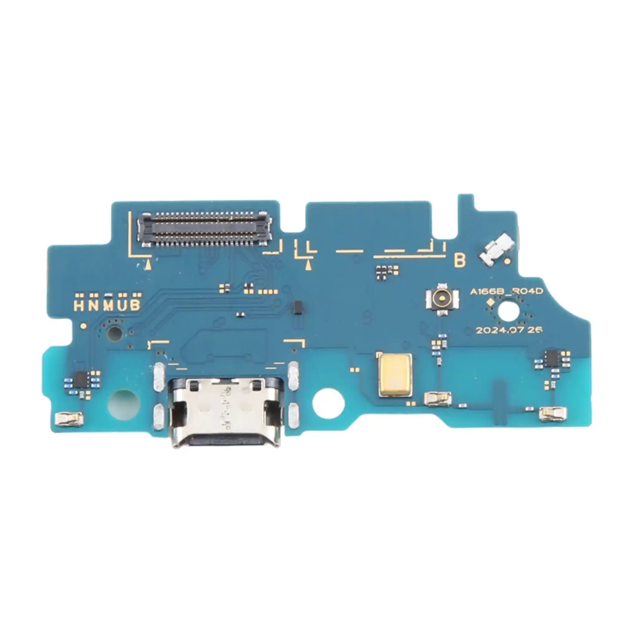 Ersatz-Ladebuchse Platine für Samsung Galaxy A16 5G (SM-A166) mit USB-C Port, Mikrofon-Komponente und Anschlusskontakten.
