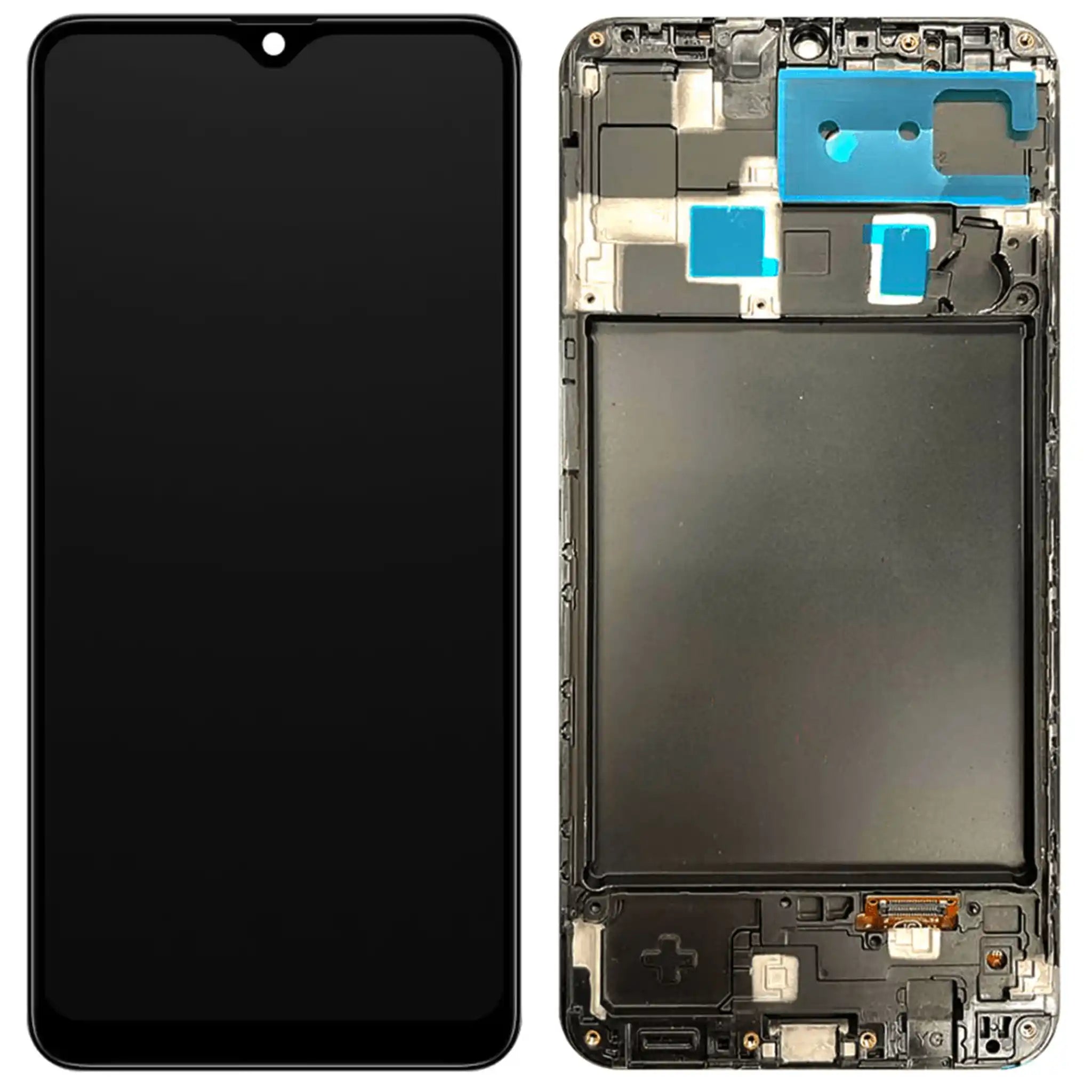 Ersatz-Display mit Rahmen für Samsung Galaxy A20 SM-A205F Soft OLED Display in Schwarz mit vormontiertem Mittelrahmen für einfache Reparatur.