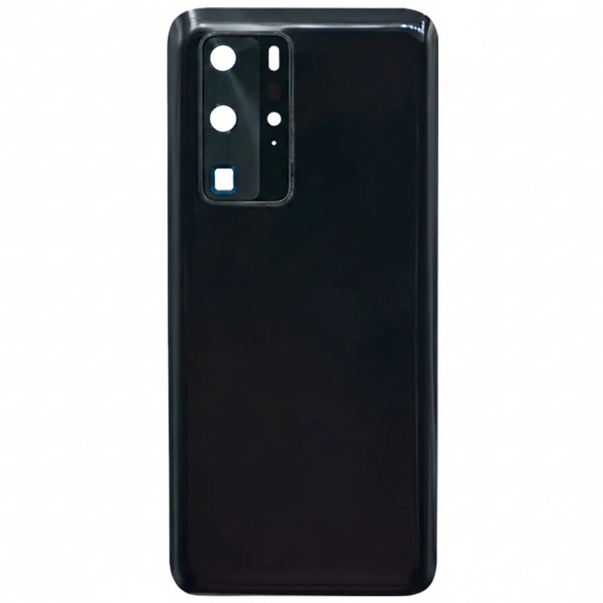 Hochwertiger Ersatz-Akkudeckel für das Huawei P40 Pro in Schwarz (Black) mit passgenauen Aussparungen für das Leica-Kamerasystem und glänzendem Finish auf weißem Hintergrund.