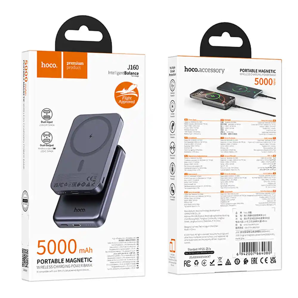 Hoco Powerbank 5000mAh mit magnetischer kabelloser Schnellladung J160 – Metallgrau