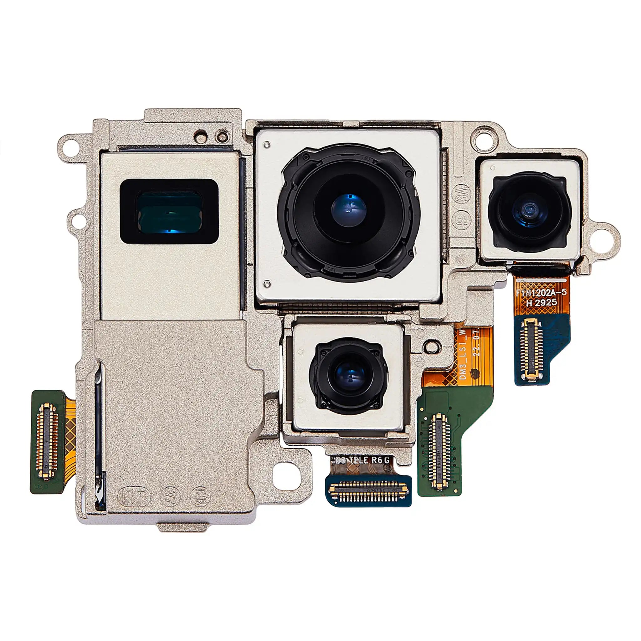 Original Samsung Galaxy S23 Ultra Hauptkamera-Modul (Pulled), bestehend aus vier Linsen inklusive des 200 MP Sensors auf einer silbernen Trägerplatte.