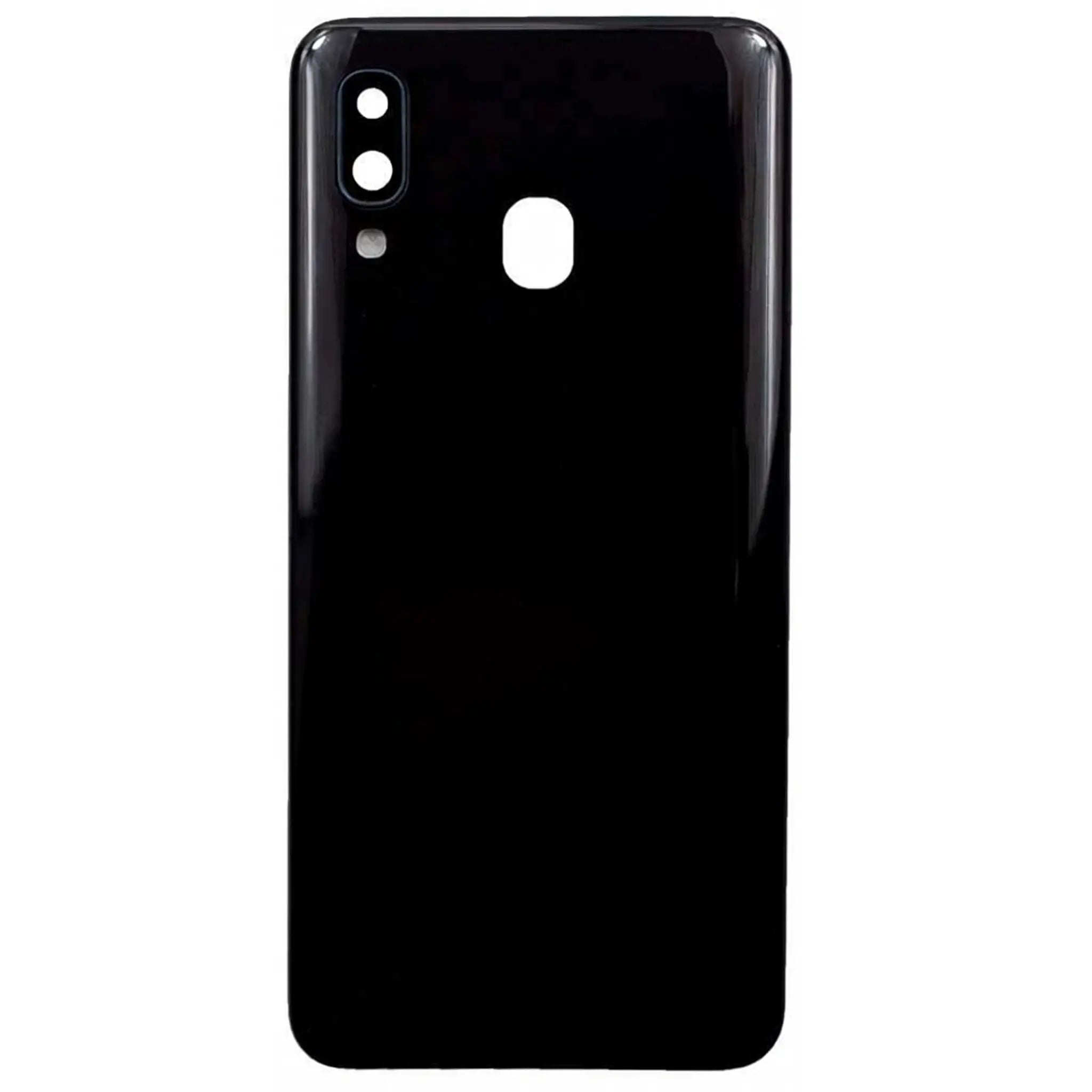 Ersatz-Akkudeckel in Schwarz für Samsung Galaxy A40 (A405F) mit vorinstallierter Kameralinse und Klebestreifen.