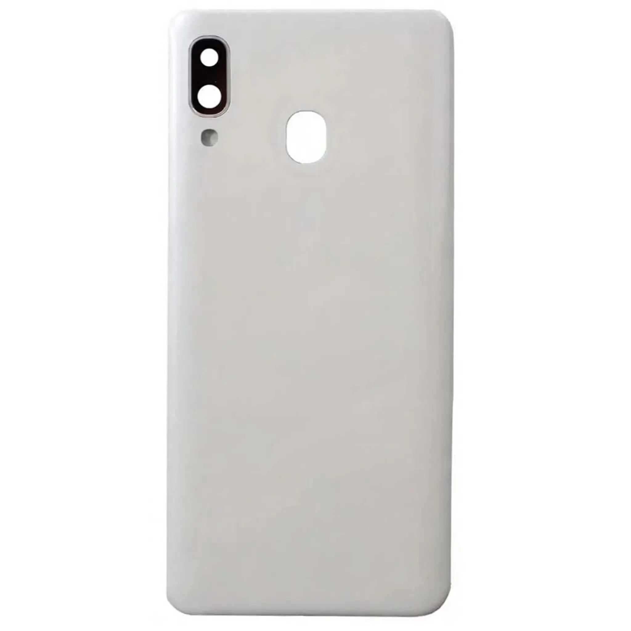 Ersatz-Akkudeckel in Weiß für Samsung Galaxy A40 (A405F) mit vorinstallierter Kameralinse und Klebestreifen.