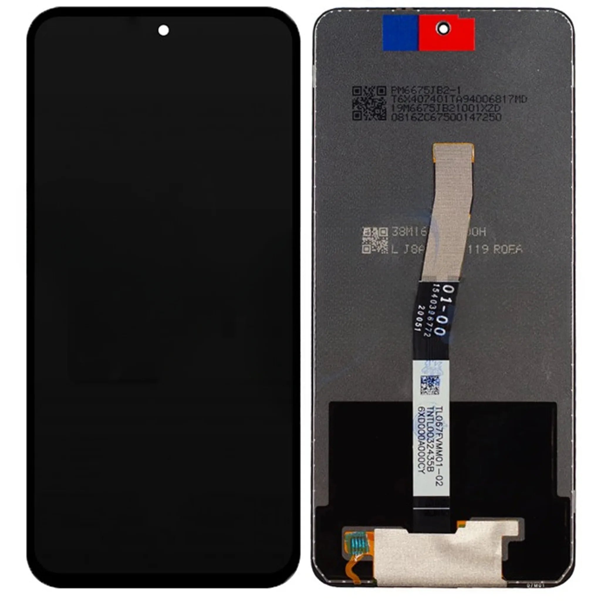 OEM Ersatz-Display für Xiaomi Redmi Note 9 Pro (M2003J6B2G) und Redmi Note 9S (M2003J6A1G) in Schwarz, Vorder- und Rückansicht.