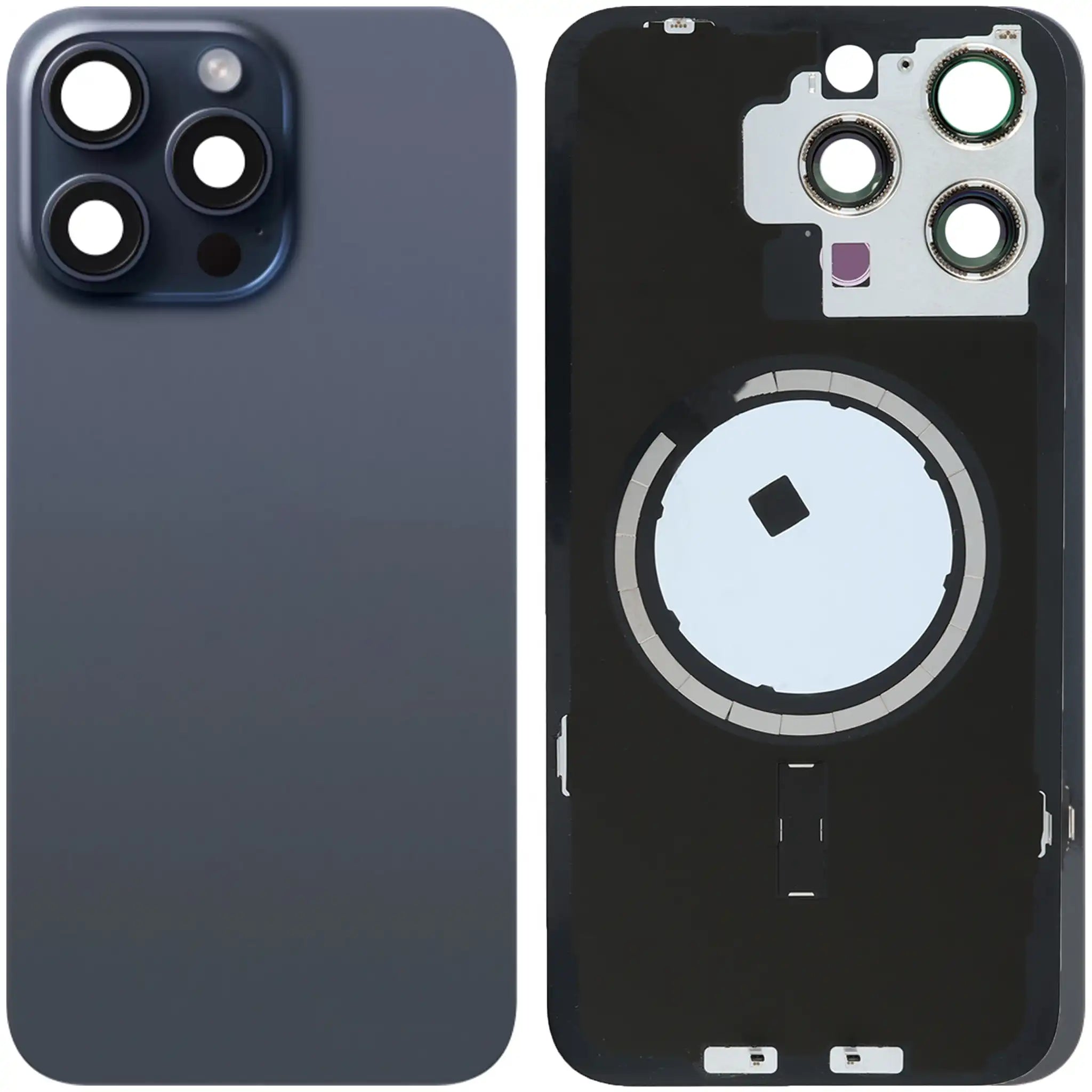 iPhone 15 Pro Akkudeckel mit Rahmen und MagSafe Ring, Titan Blau