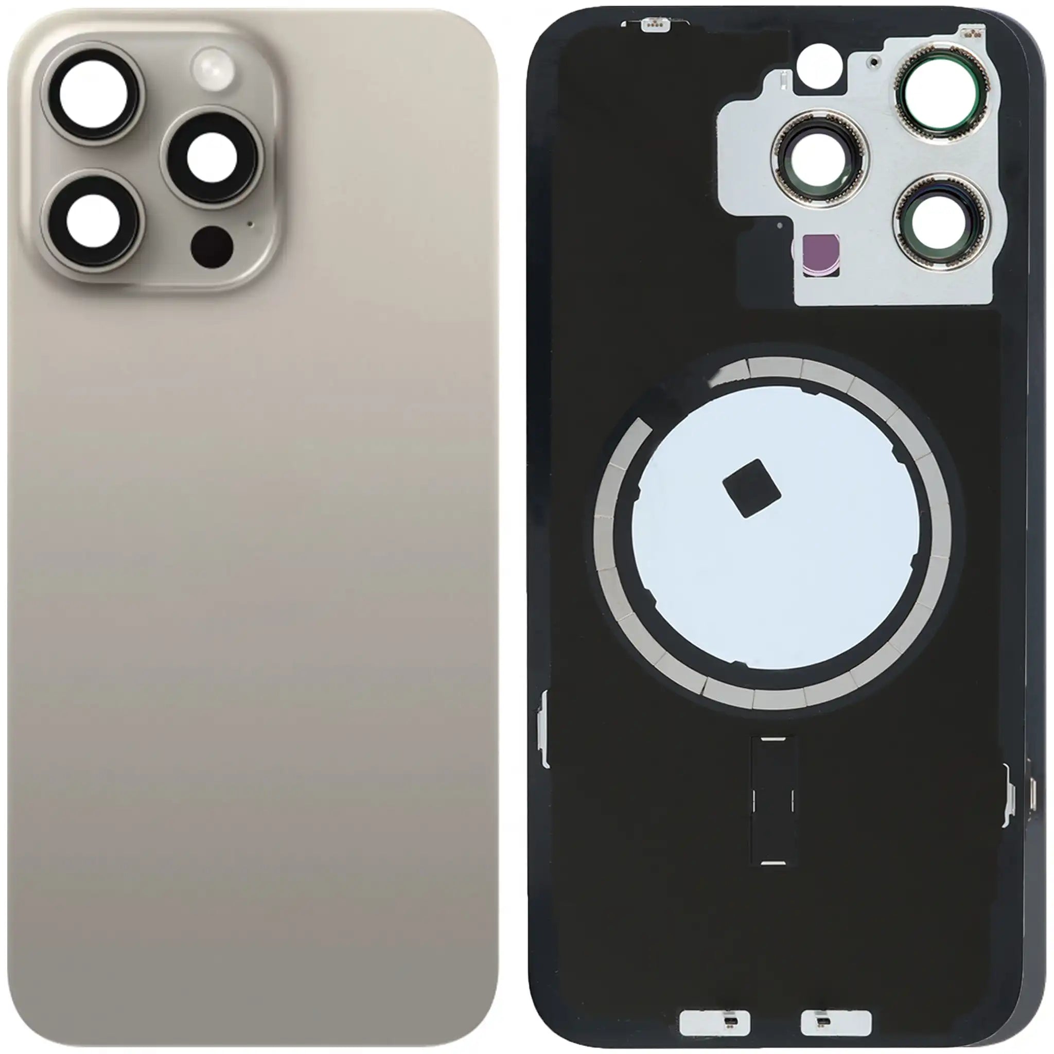 iPhone 15 Pro Akkudeckel mit Rahmen und MagSafe Ring, Titan Natur