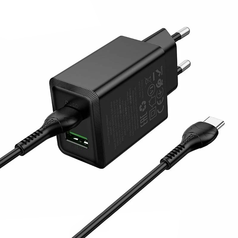 Hoco N71 Netzteil 30W, 3A, USB-A & USB-C – inkl. USB-C Kabel, Schwarz