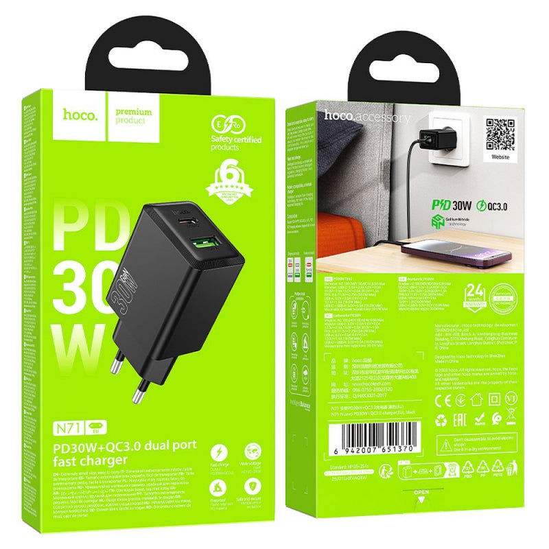 Hoco N71 Wandladegerät 30W, 3A, 1x USB-A / 1x USB-C, Schwarz