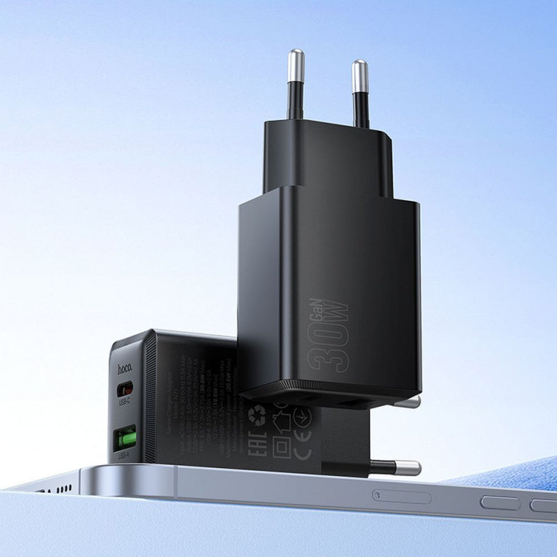 Hoco N71 Wandladegerät 30W, 3A, 1x USB-A / 1x USB-C, Schwarz