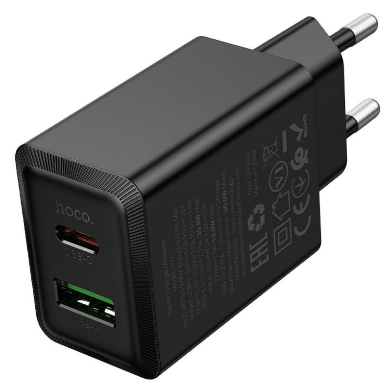 Hoco N71 Wandladegerät 30W, 3A, 1x USB-A / 1x USB-C, Schwarz