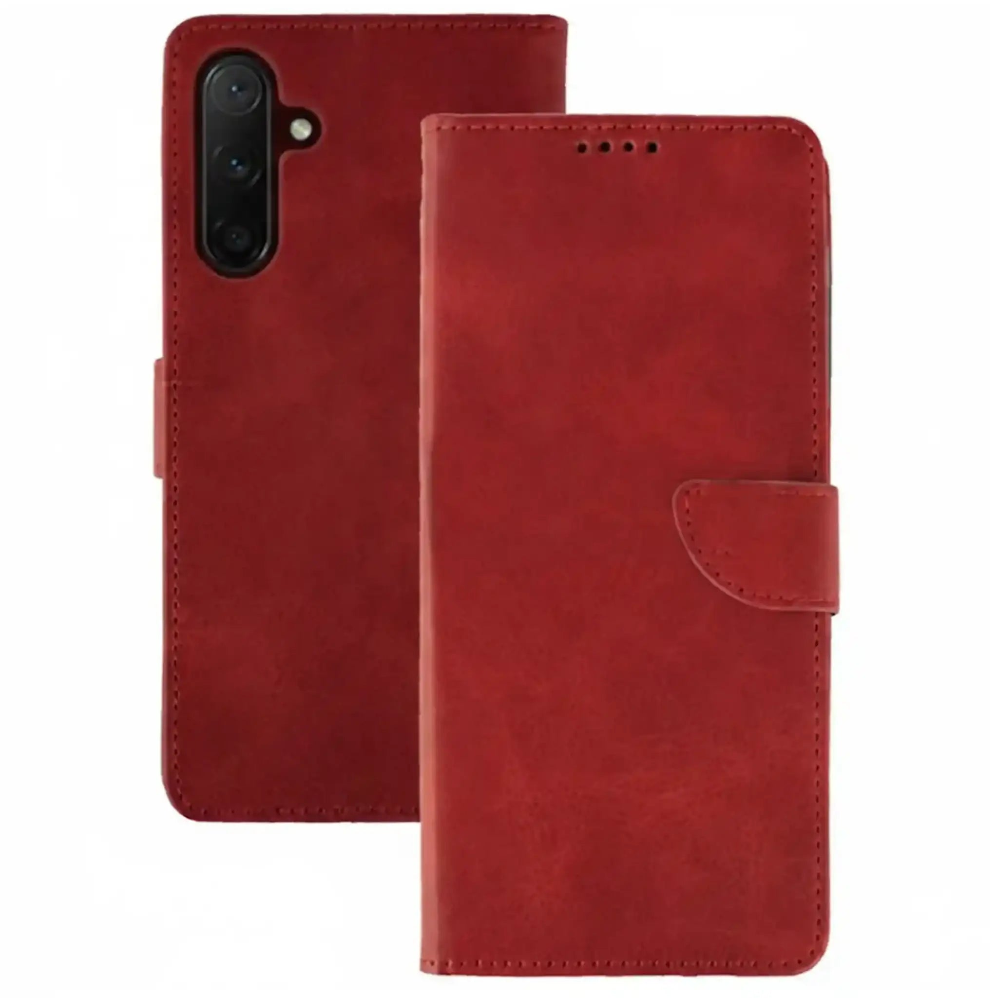 Rote Kunstleder Klapphülle mit mehreren Kartenfächern und Magnetverschluss.