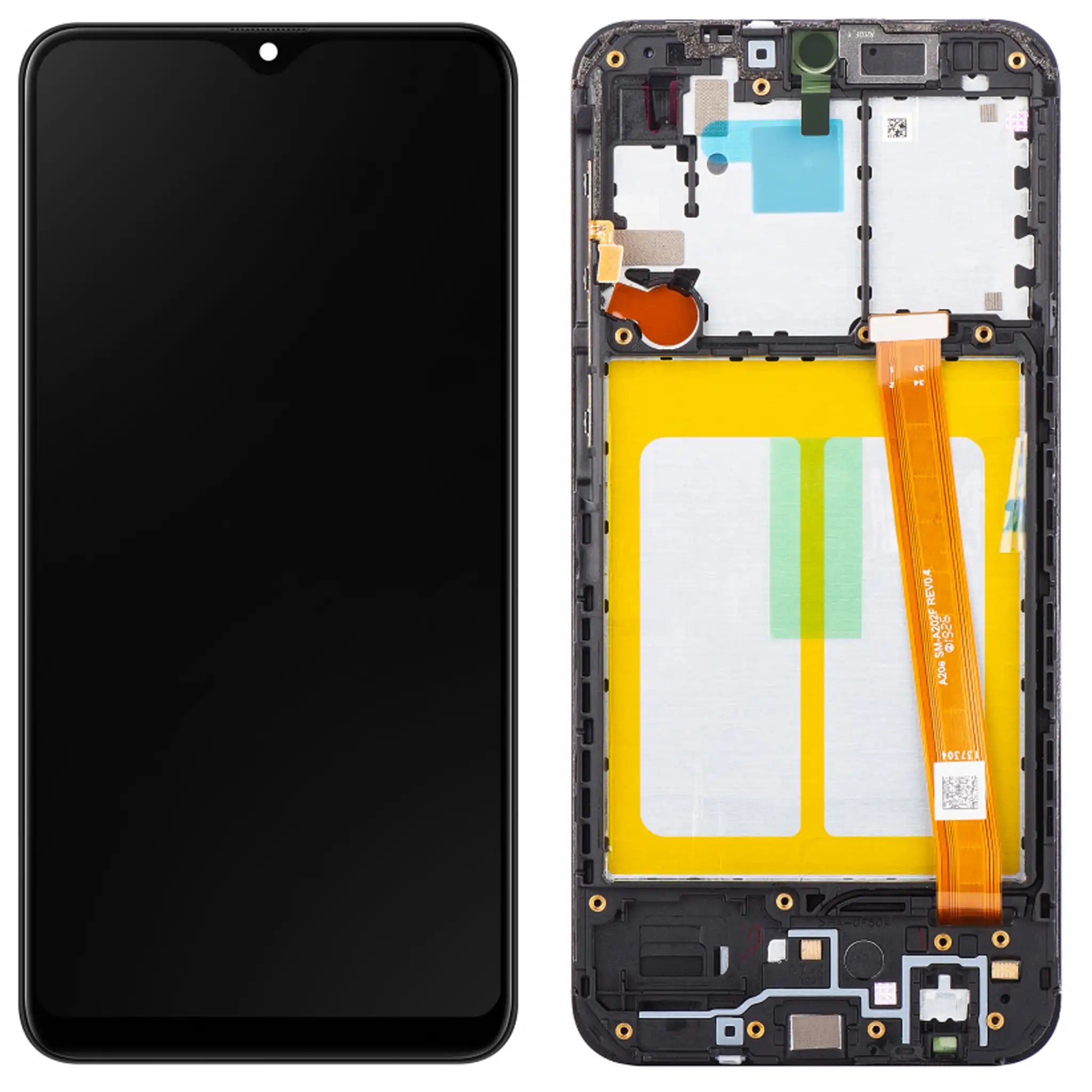 Originales Samsung Galaxy A20e (SM-A202F) Display in Schwarz mit vormontiertem Rahmen und PLS LCD Technologie.