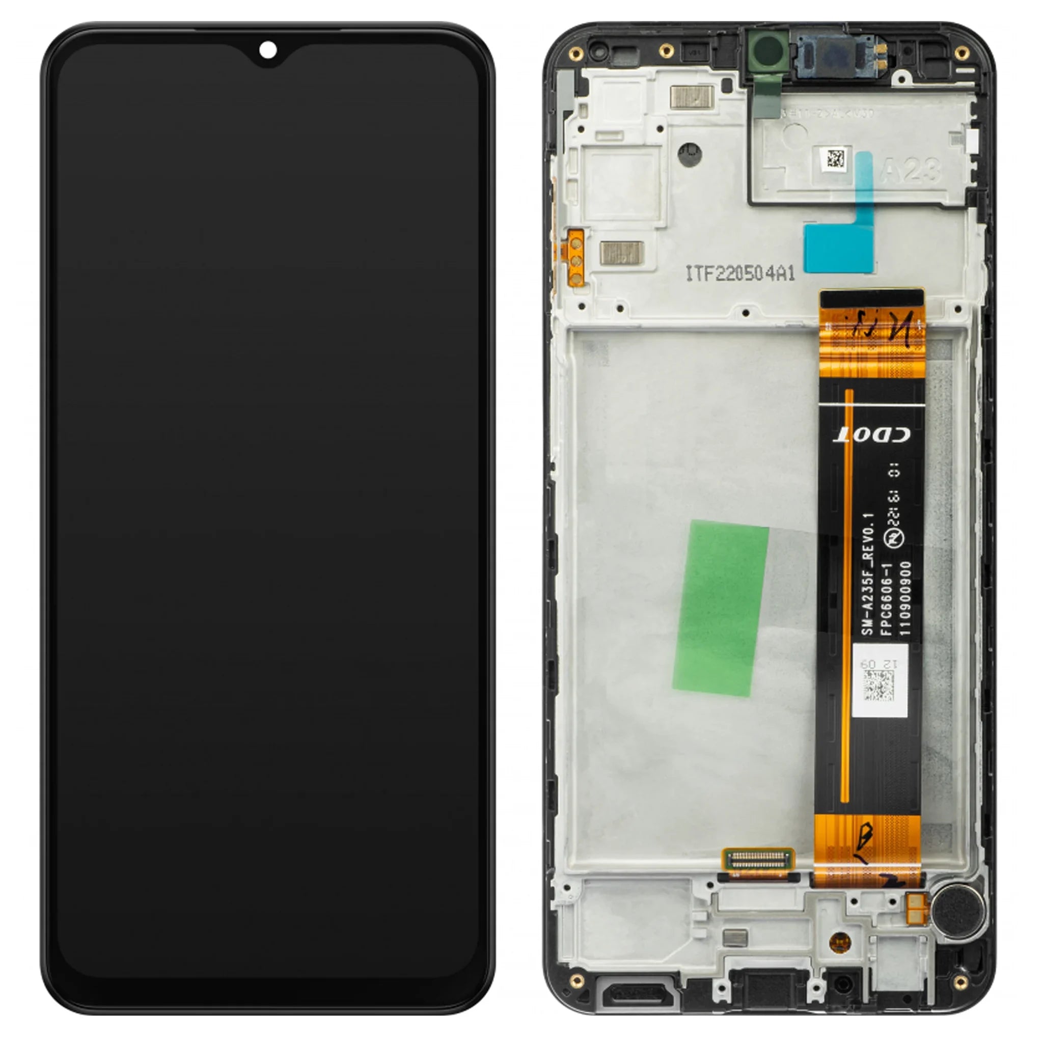 Original Samsung Galaxy A23 4G (SM-A235) Service Pack Display in Schwarz mit vormontiertem Rahmen.