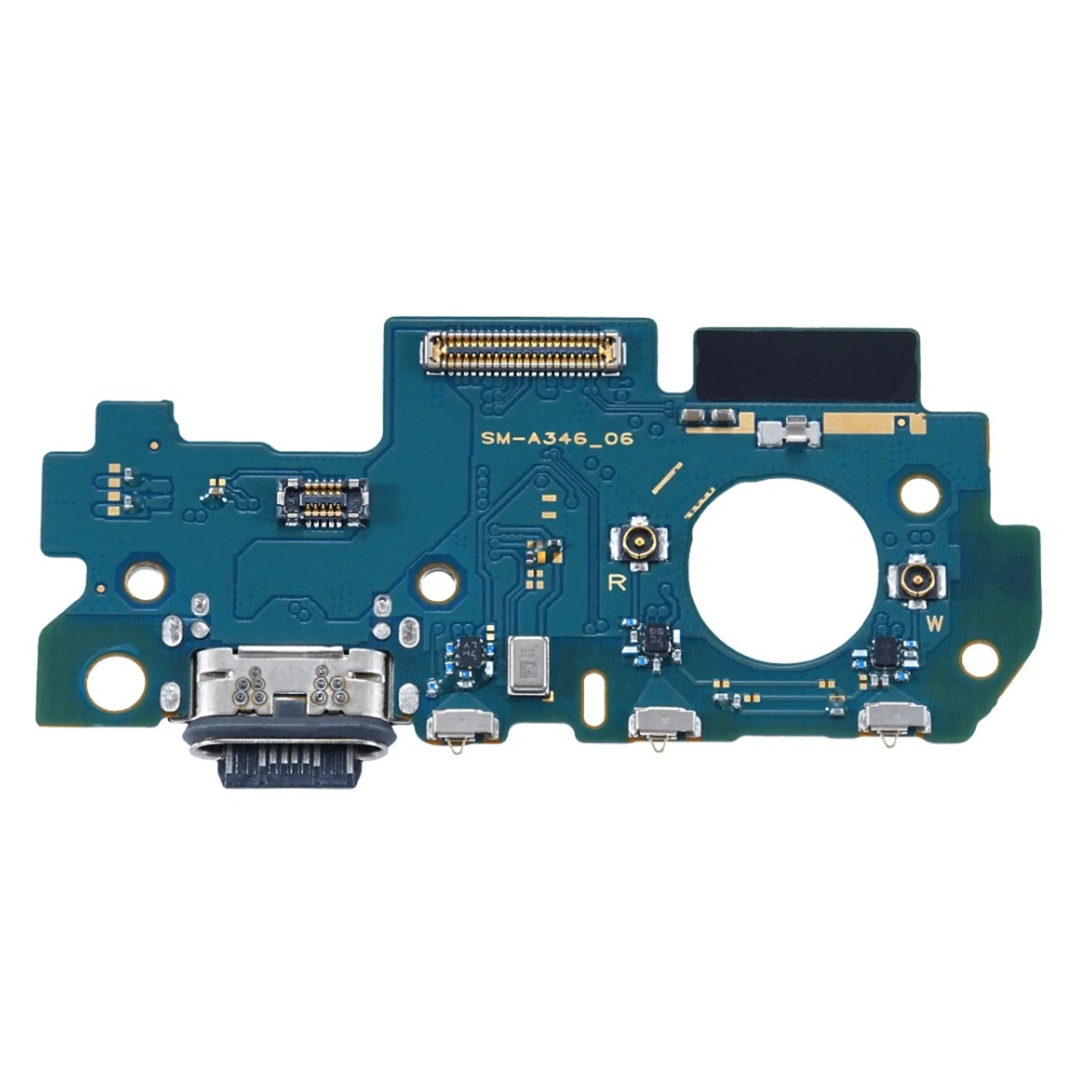 USB-C Ladeanschluss Platine mit Mikrofon für Samsung Galaxy A34 5G (A346B) – Ersatzteil Ansicht.