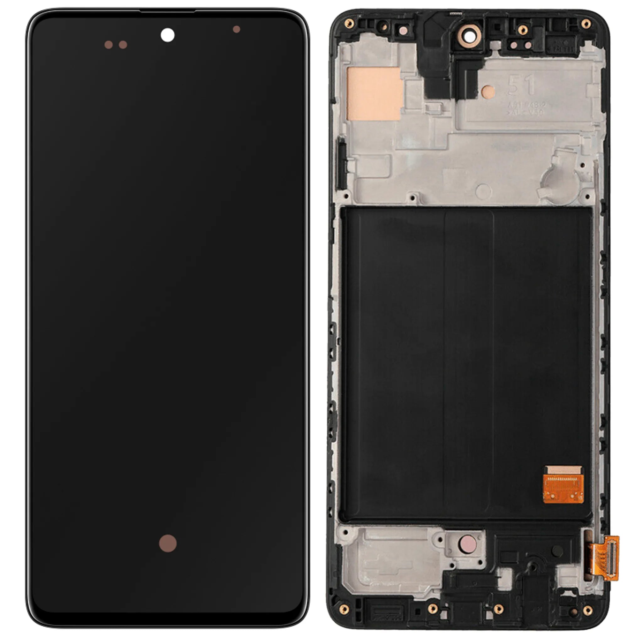 Ersatz-Display mit Rahmen für Samsung Galaxy A51 (SM-A515F) in Schwarz – Hochwertige Soft OLED-Technologie.