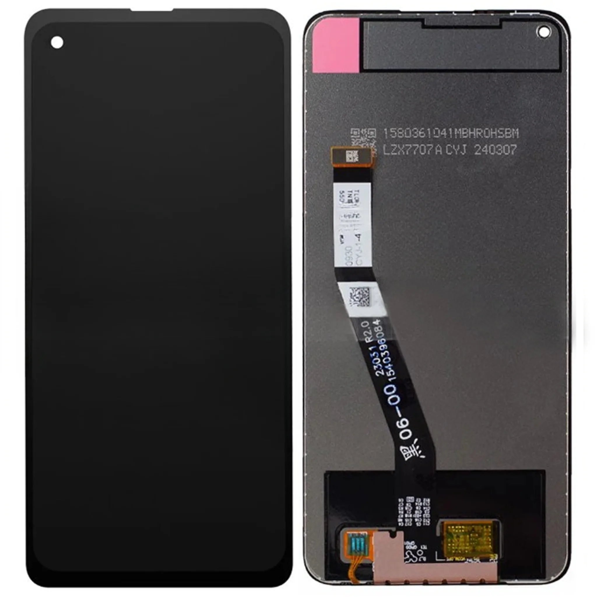OEM Ersatz-Display ohne Rahmen für Xiaomi Note 9 (Modelle M2003J15SG, M2003J15SS, M2003J15SC) in Schwarz, Vorder- und Rückansicht.