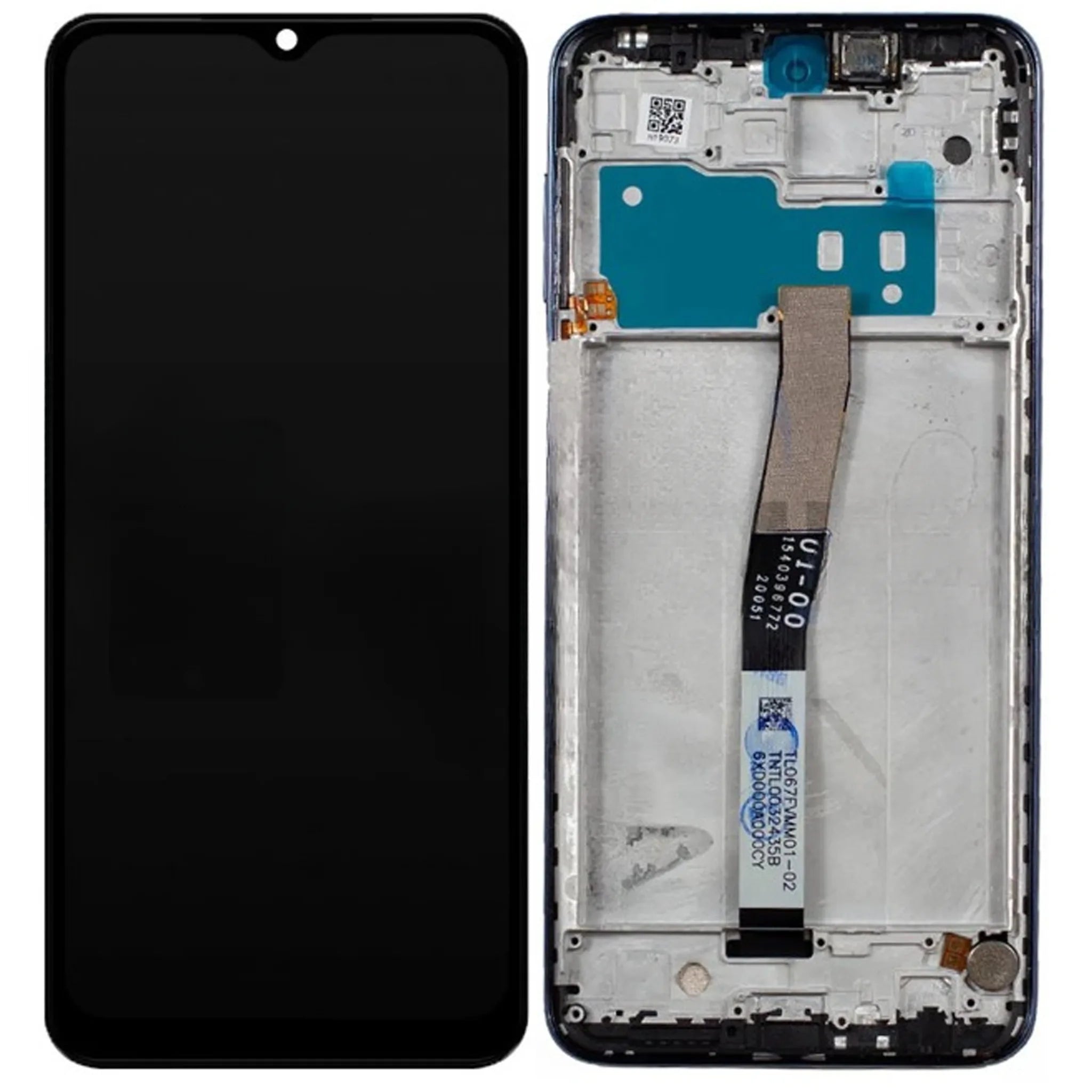 OEM Ersatz-Display mit Rahmen für Xiaomi Note 9 Pro 4G (Modell M2003J6B2G) in Schwarz, Vorder- und Rückansicht.