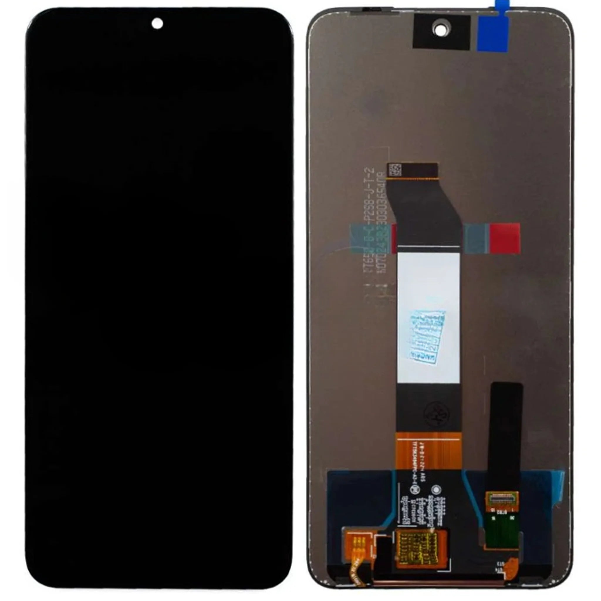 OEM Ersatz-Display ohne Rahmen für Xiaomi Redmi Note 10 5G, Note 10T 5G und Poco M3 Pro 5G in Schwarz, Vorder- und Rückansicht.